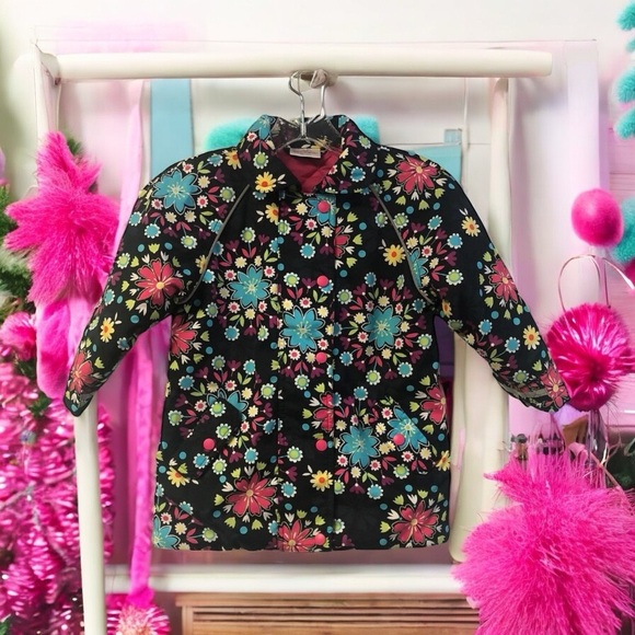 Hanna Andersson Sz 100 4 4T  Black Pink Aqua Green Purple Floral Hooded Coat - Picture 1 of 12